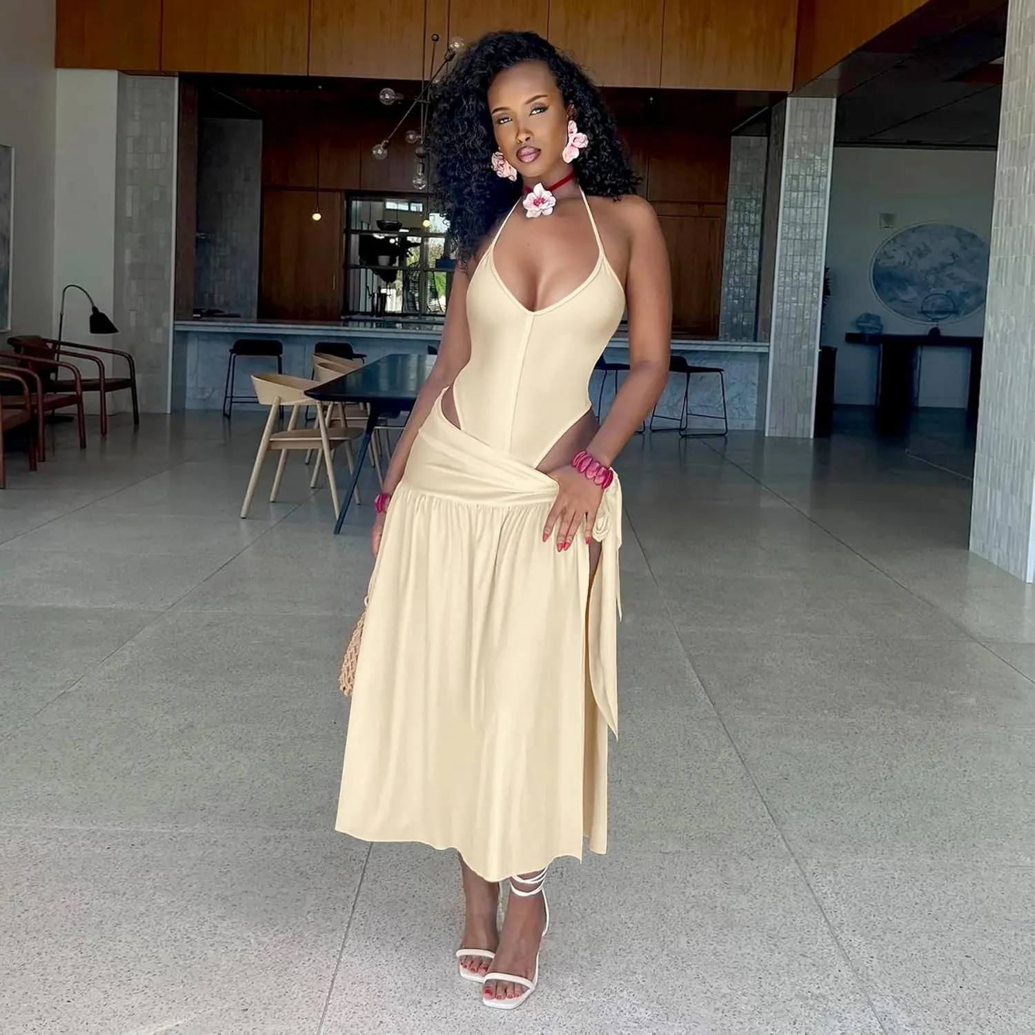 2 Piece Outfits for Women Sexy Maxi Skirt Set Summer Halter Backless Tops Wrap Skirt Beach Vacation Outfits