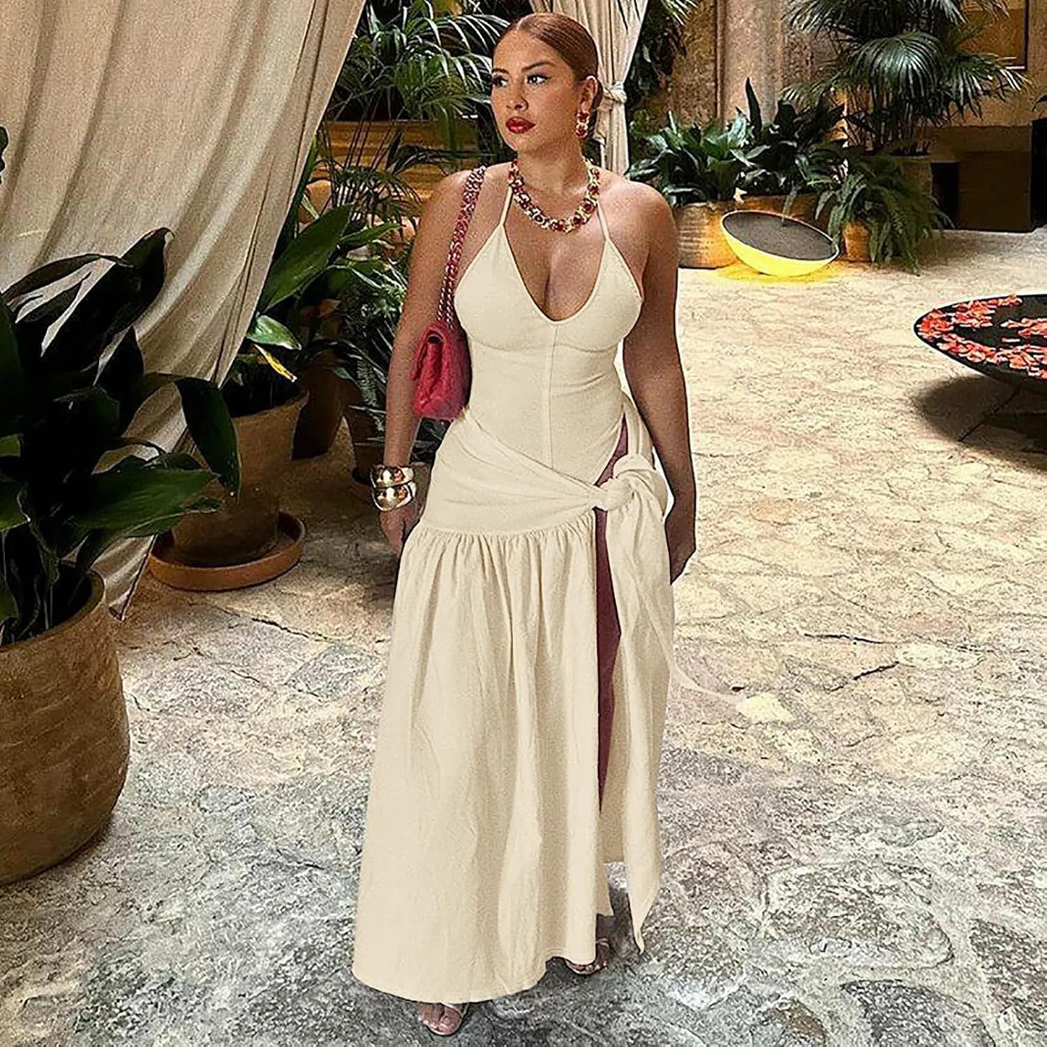 2 Piece Outfits for Women Sexy Maxi Skirt Set Summer Halter Backless Tops Wrap Skirt Beach Vacation Outfits