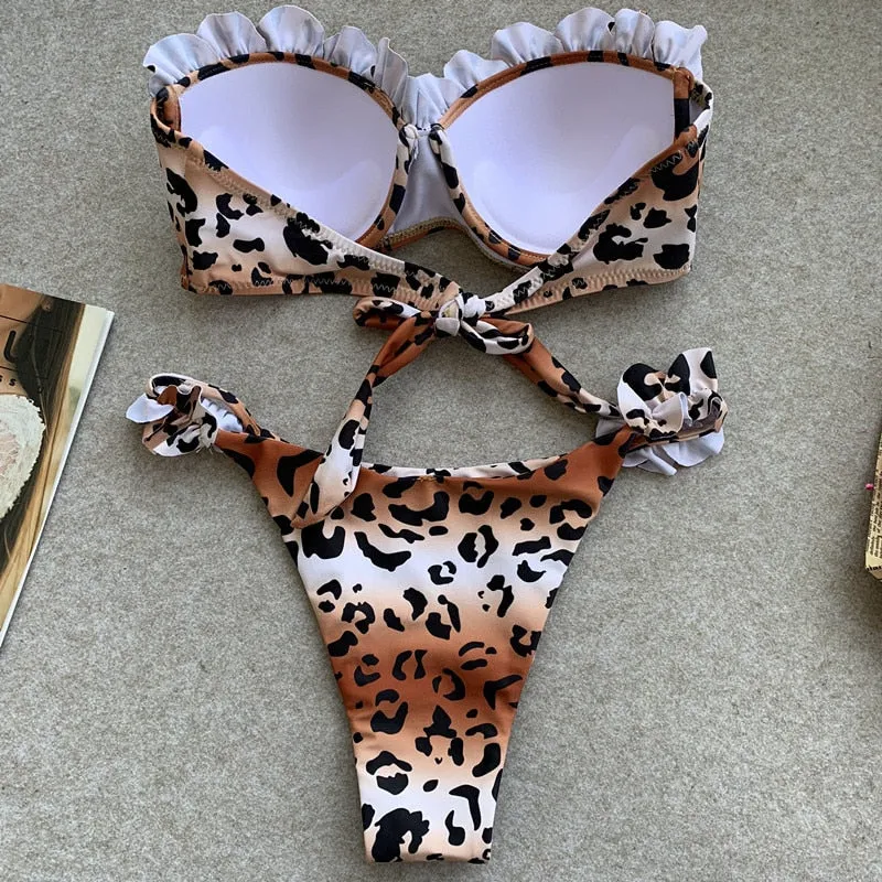2 Piece Padded Push Up Strapless Ruffle Bra Low Waist Bikini Swimwear Set
