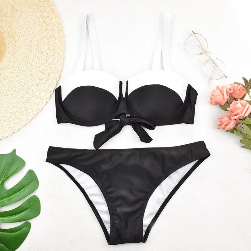 2 Piece Padded Push Up Strapless Ruffle Bra Low Waist Bikini Swimwear Set