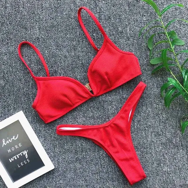 2 Piece Padded Push Up Strapless Ruffle Bra Low Waist Bikini Swimwear Set