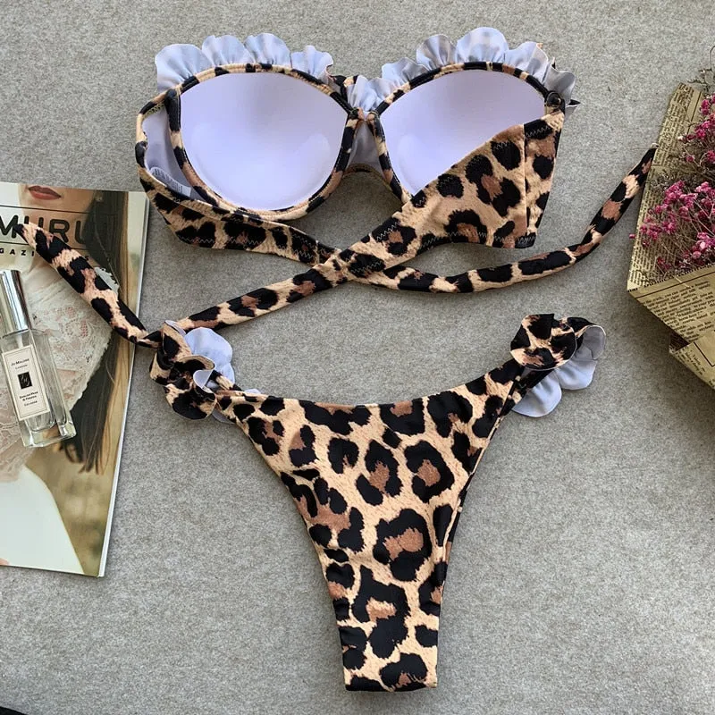 2 Piece Padded Push Up Strapless Ruffle Bra Low Waist Bikini Swimwear Set