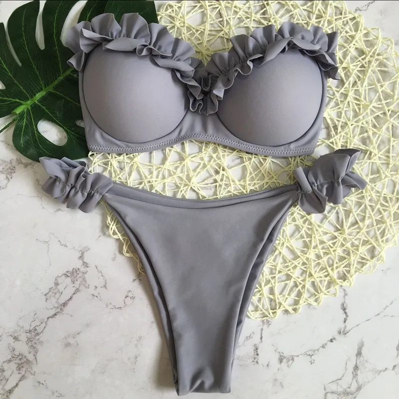 2 Piece Padded Push Up Strapless Ruffle Bra Low Waist Bikini Swimwear Set