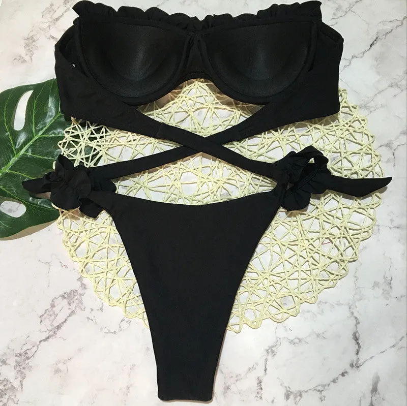2 Piece Padded Push Up Strapless Ruffle Bra Low Waist Bikini Swimwear Set