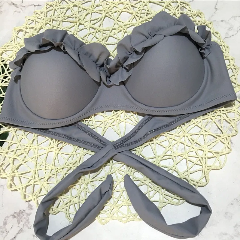 2 Piece Padded Push Up Strapless Ruffle Bra Low Waist Bikini Swimwear Set
