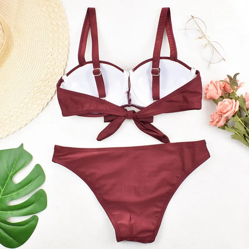 2 Piece Padded Push Up Strapless Ruffle Bra Low Waist Bikini Swimwear Set