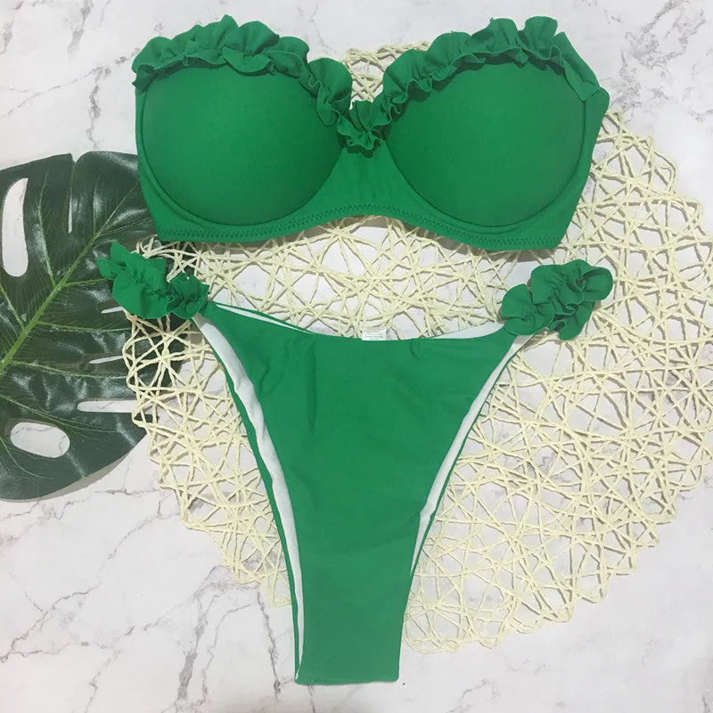 2 Piece Padded Push Up Strapless Ruffle Bra Low Waist Bikini Swimwear Set