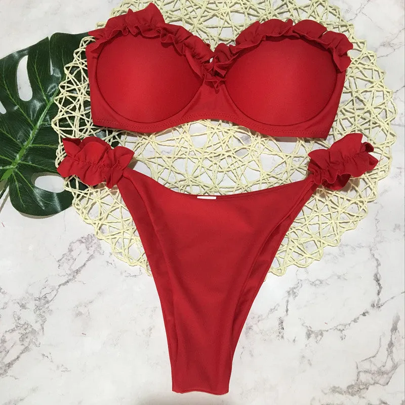 2 Piece Padded Push Up Strapless Ruffle Bra Low Waist Bikini Swimwear Set