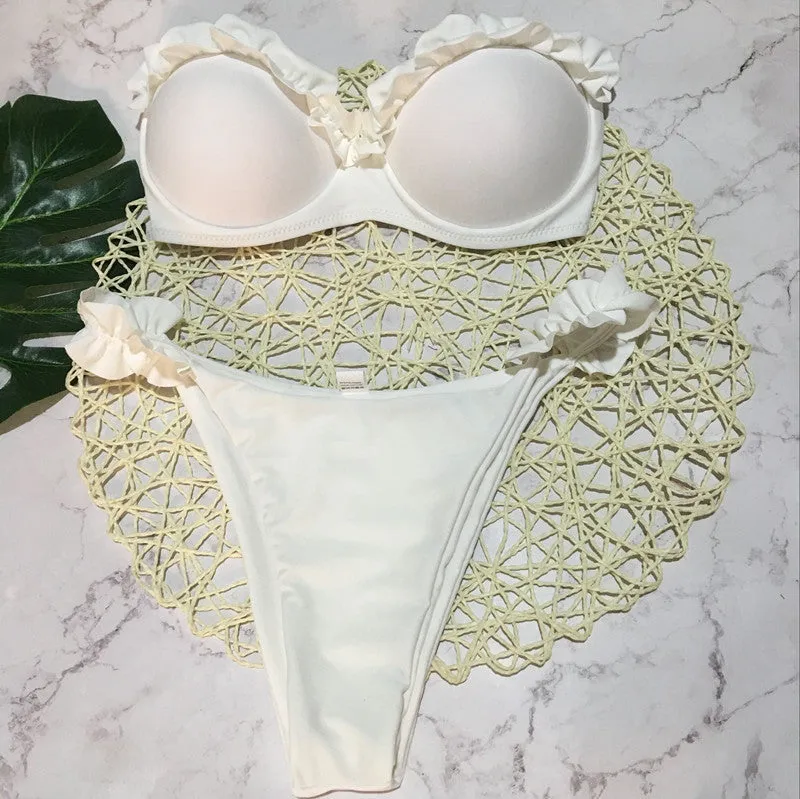 2 Piece Padded Push Up Strapless Ruffle Bra Low Waist Bikini Swimwear Set