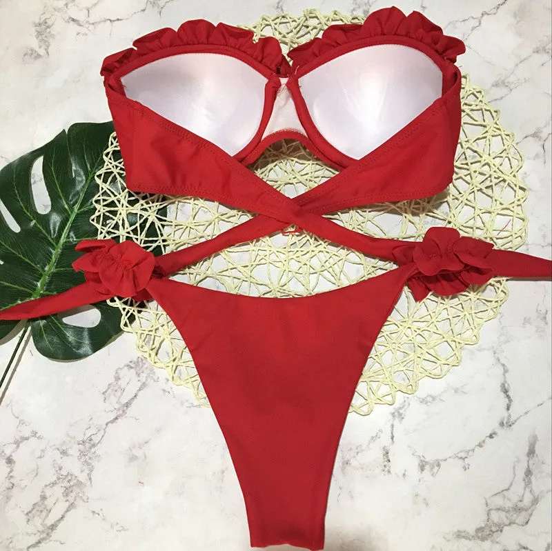 2 Piece Padded Push Up Strapless Ruffle Bra Low Waist Bikini Swimwear Set