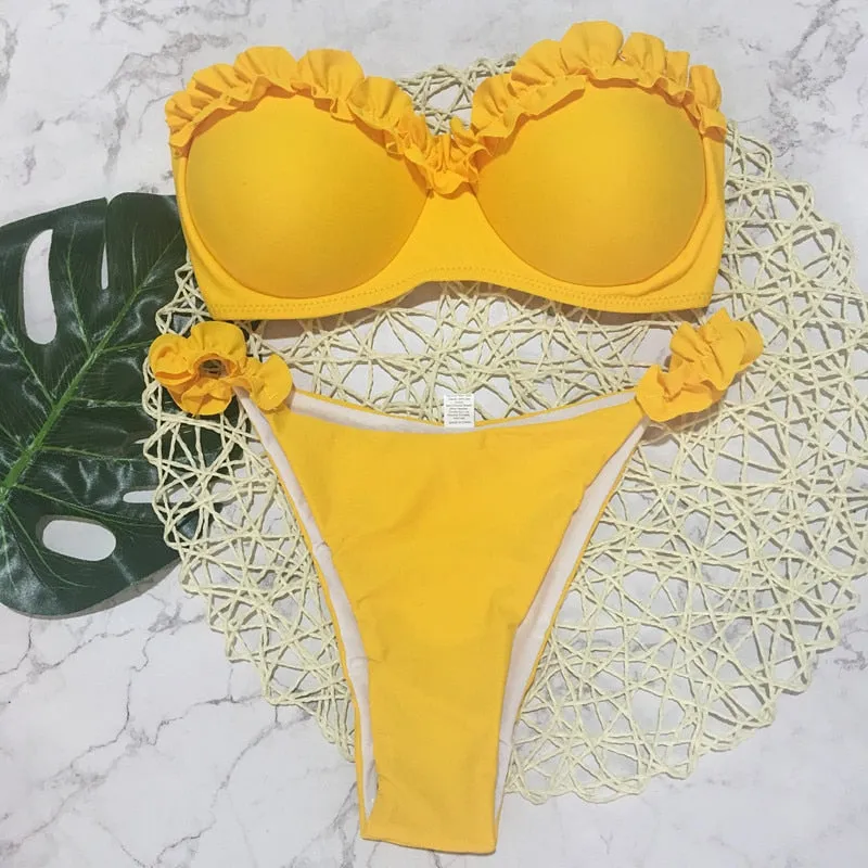 2 Piece Padded Push Up Strapless Ruffle Bra Low Waist Bikini Swimwear Set
