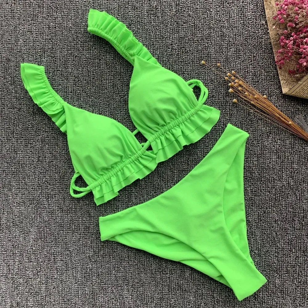 2 Piece Padded Push Up Strapless Ruffle Bra Low Waist Bikini Swimwear Set