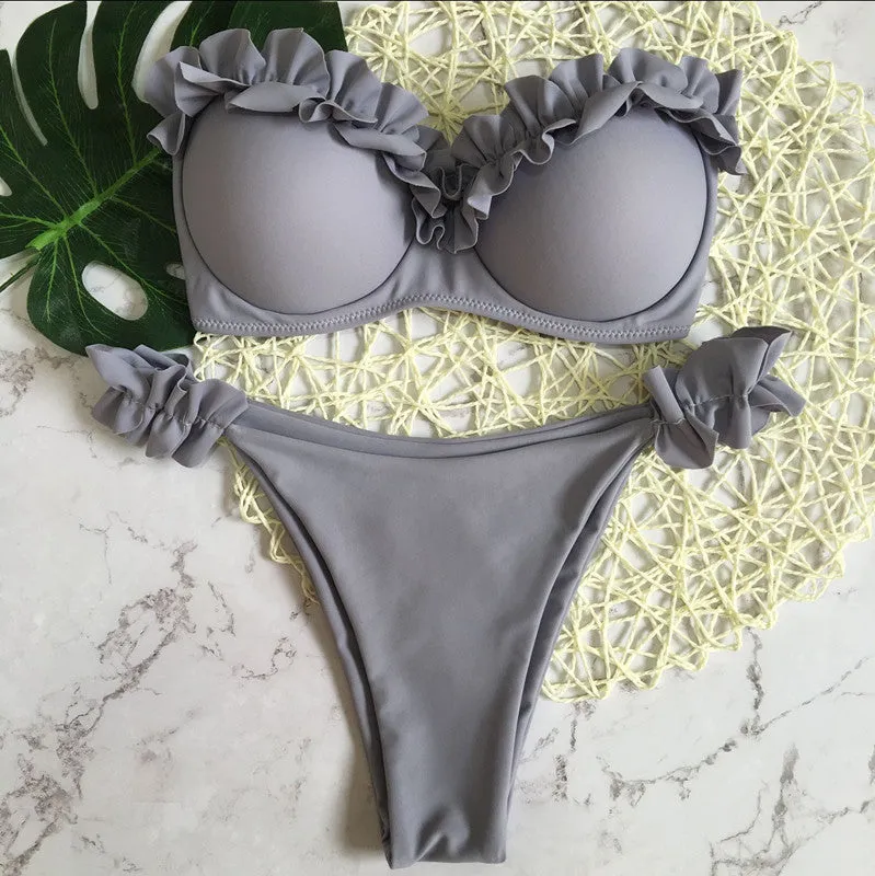 2 Piece Padded Push Up Strapless Ruffle Bra Low Waist Bikini Swimwear Set