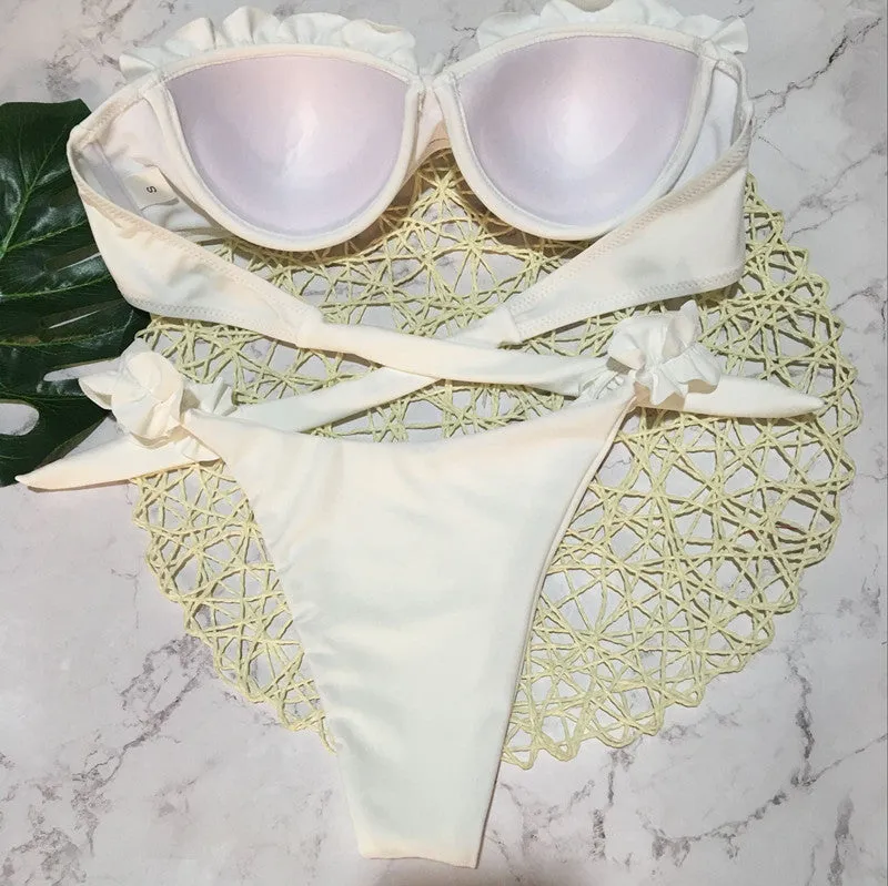 2 Piece Padded Push Up Strapless Ruffle Bra Low Waist Bikini Swimwear Set