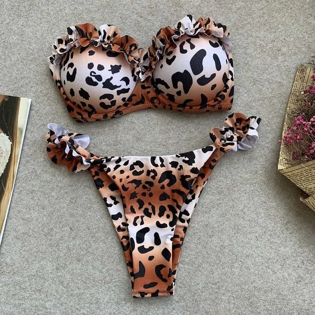 2 Piece Padded Push Up Strapless Ruffle Bra Low Waist Bikini Swimwear Set