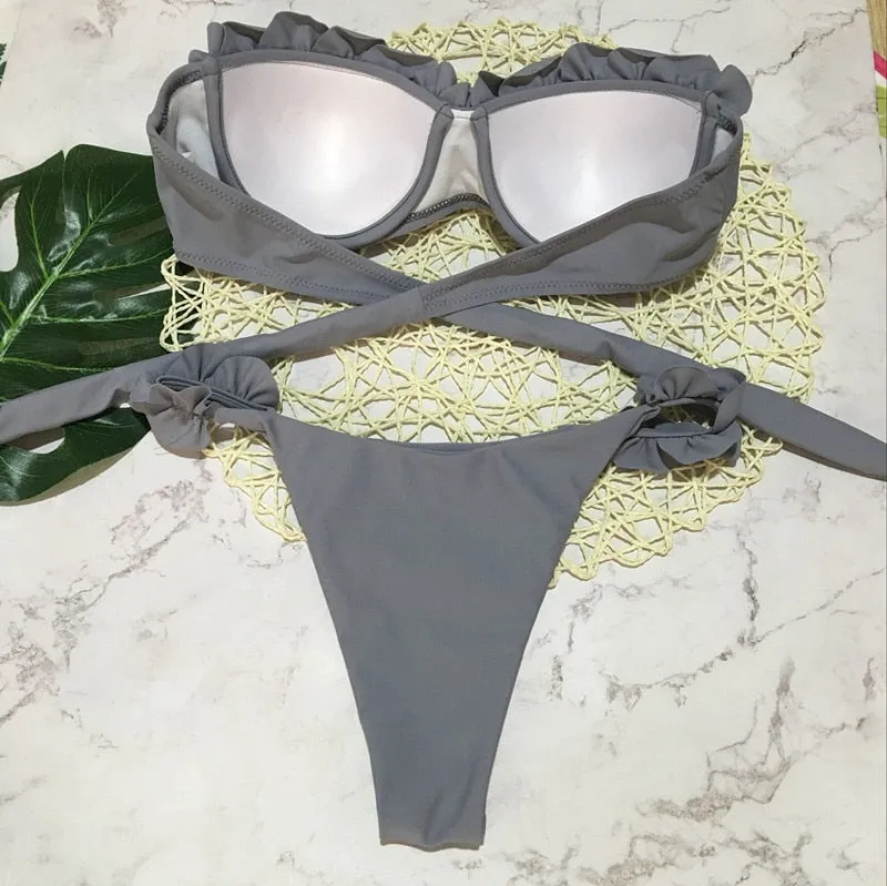 2 Piece Padded Push Up Strapless Ruffle Bra Low Waist Bikini Swimwear Set