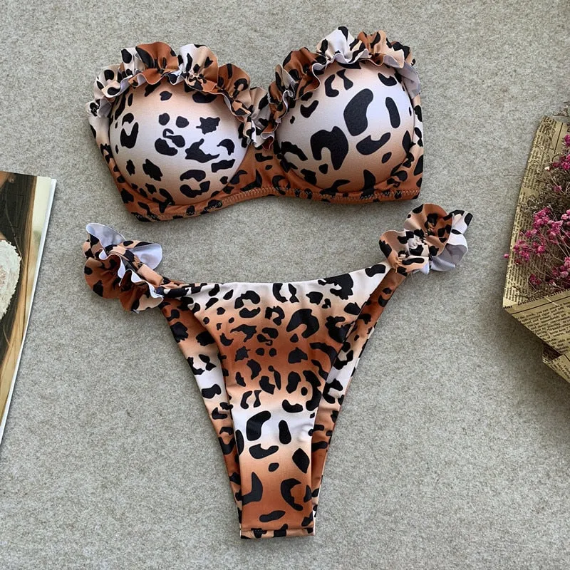 2 Piece Padded Push Up Strapless Ruffle Bra Low Waist Bikini Swimwear Set