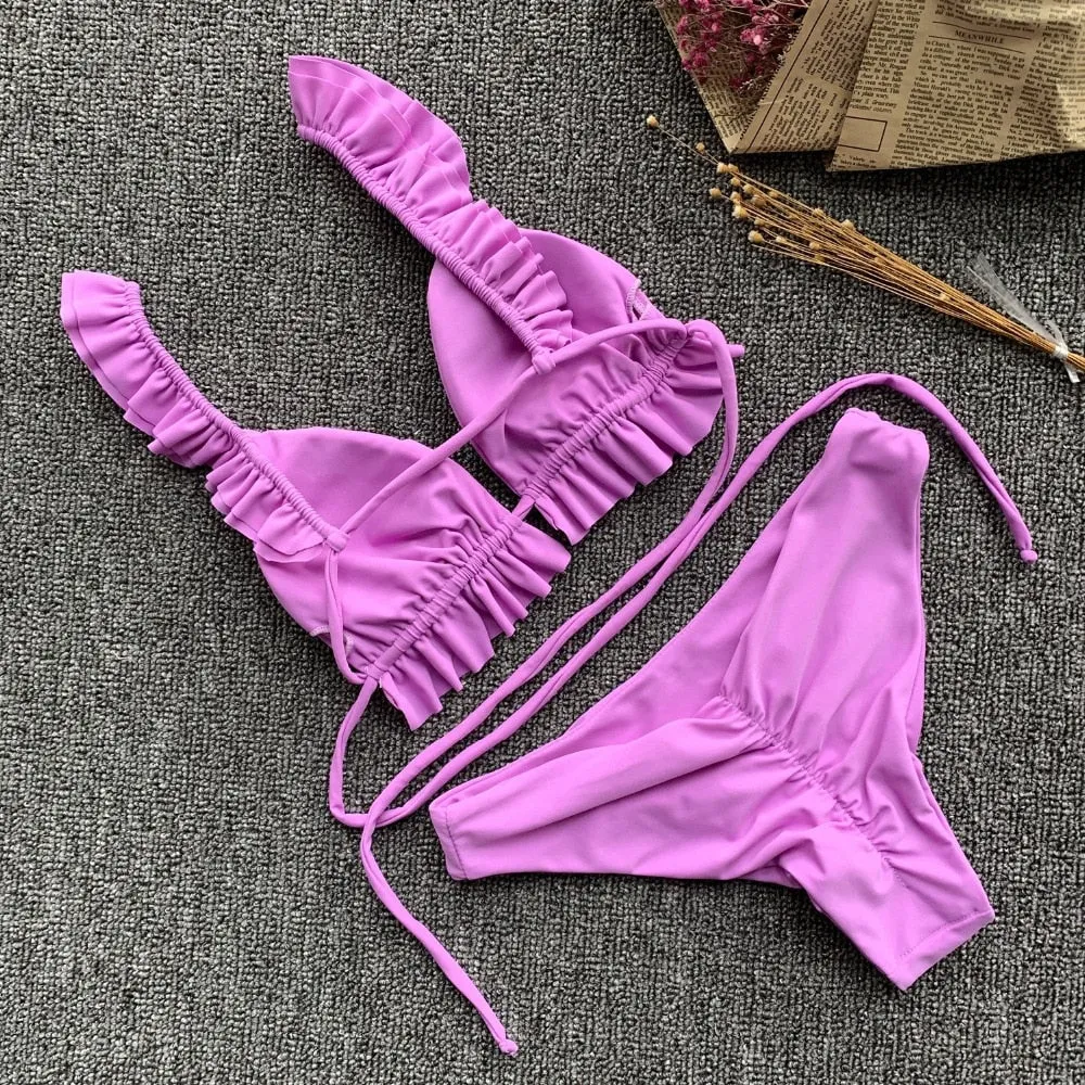 2 Piece Padded Push Up Strapless Ruffle Bra Low Waist Bikini Swimwear Set
