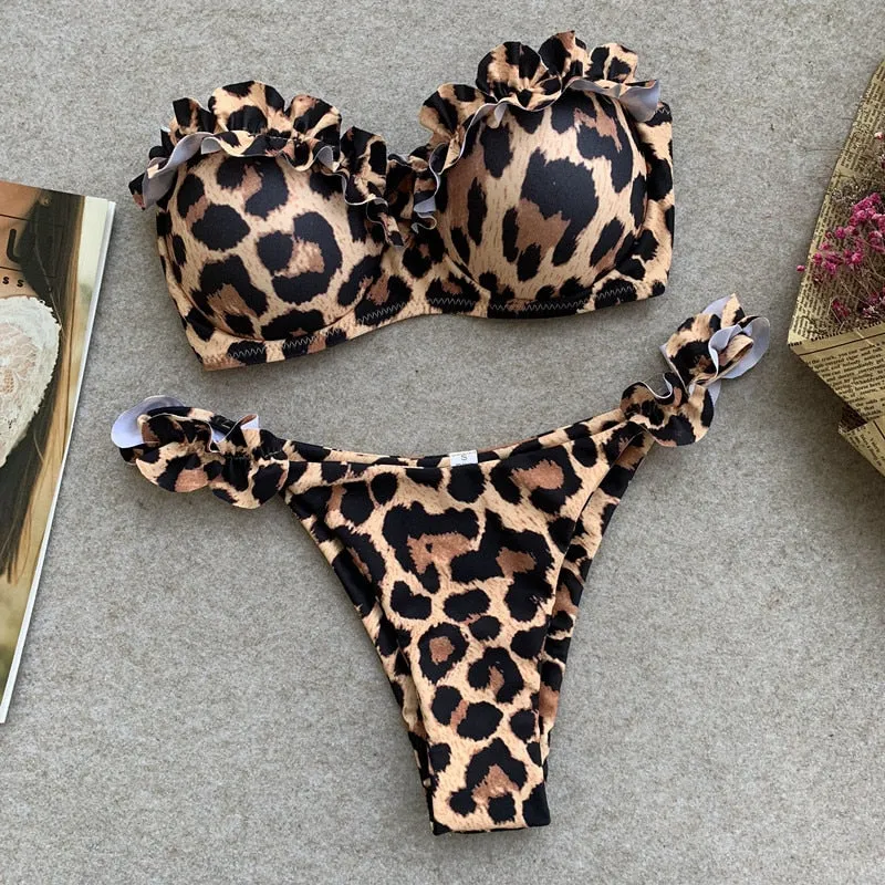 2 Piece Padded Push Up Strapless Ruffle Bra Low Waist Bikini Swimwear Set