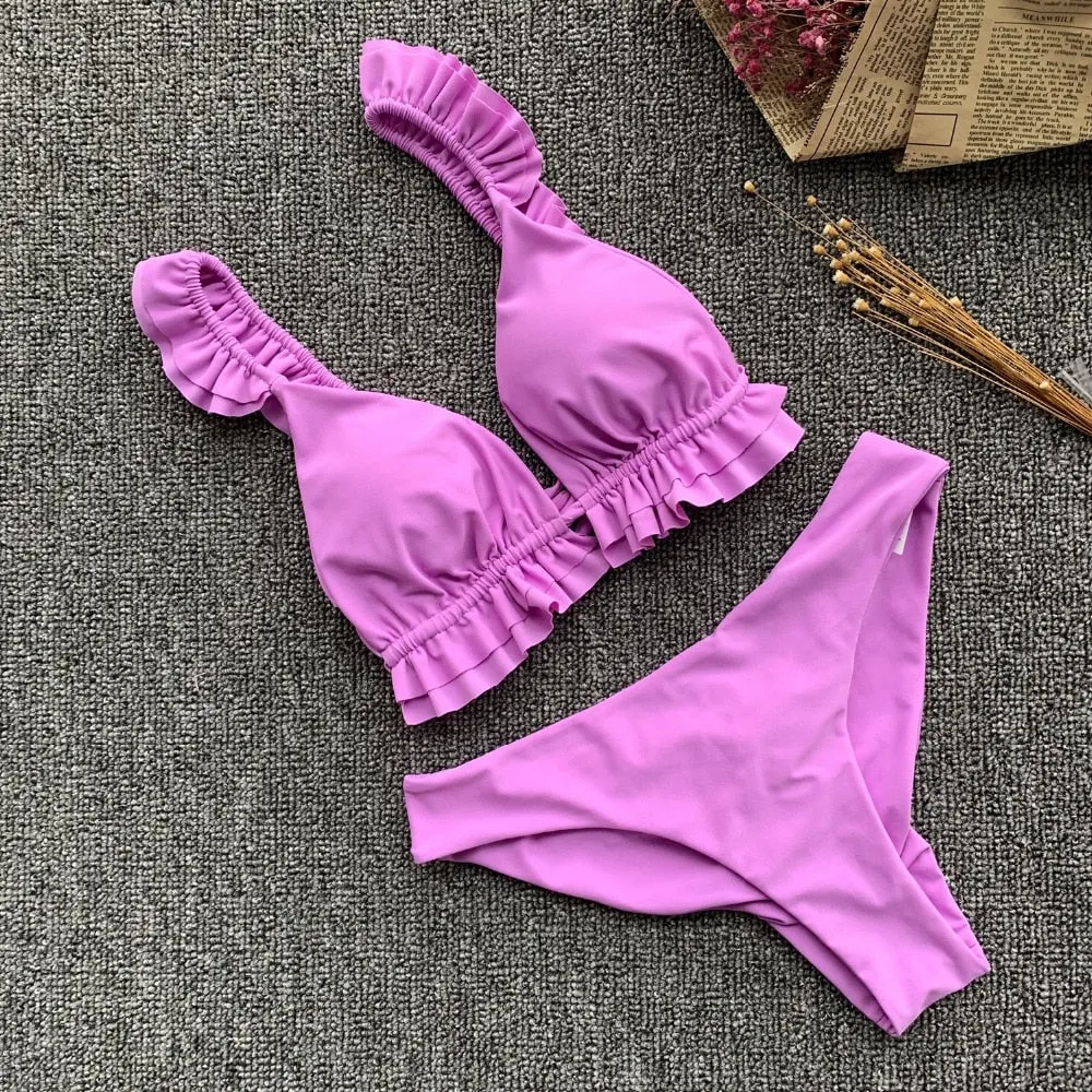 2 Piece Padded Push Up Strapless Ruffle Bra Low Waist Bikini Swimwear Set