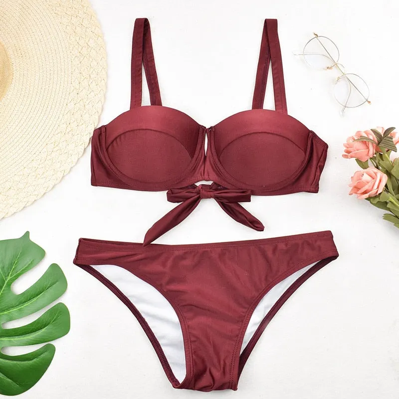 2 Piece Padded Push Up Strapless Ruffle Bra Low Waist Bikini Swimwear Set