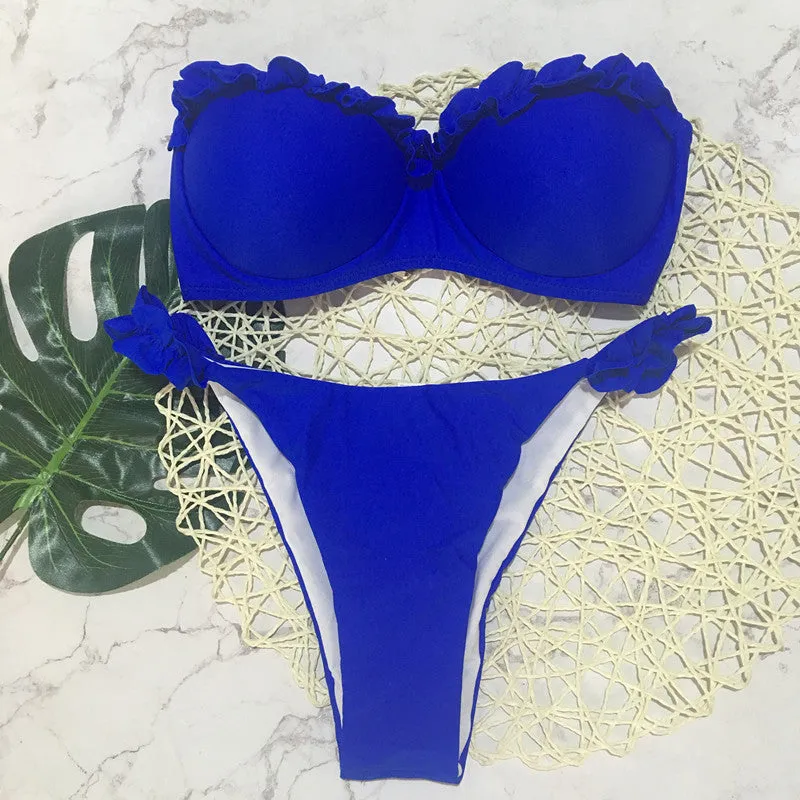 2 Piece Padded Push Up Strapless Ruffle Bra Low Waist Bikini Swimwear Set