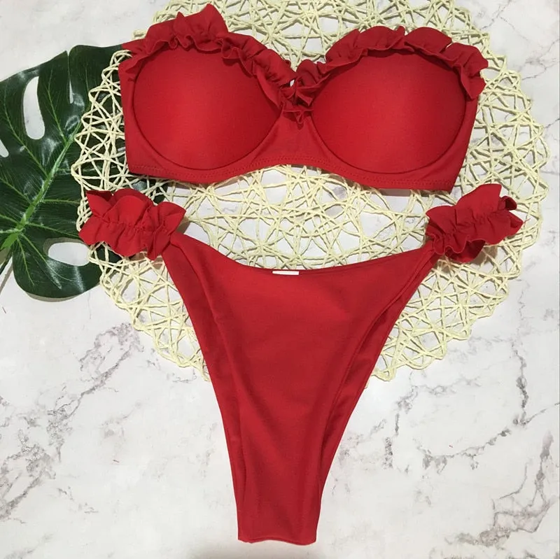 2 Piece Padded Push Up Strapless Ruffle Bra Low Waist Bikini Swimwear Set
