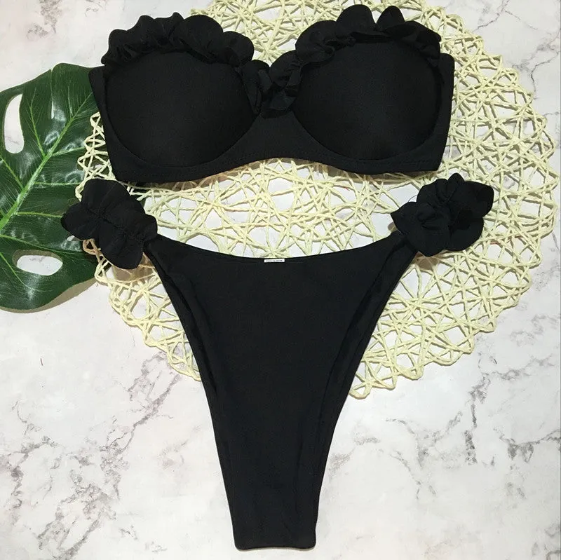 2 Piece Padded Push Up Strapless Ruffle Bra Low Waist Bikini Swimwear Set