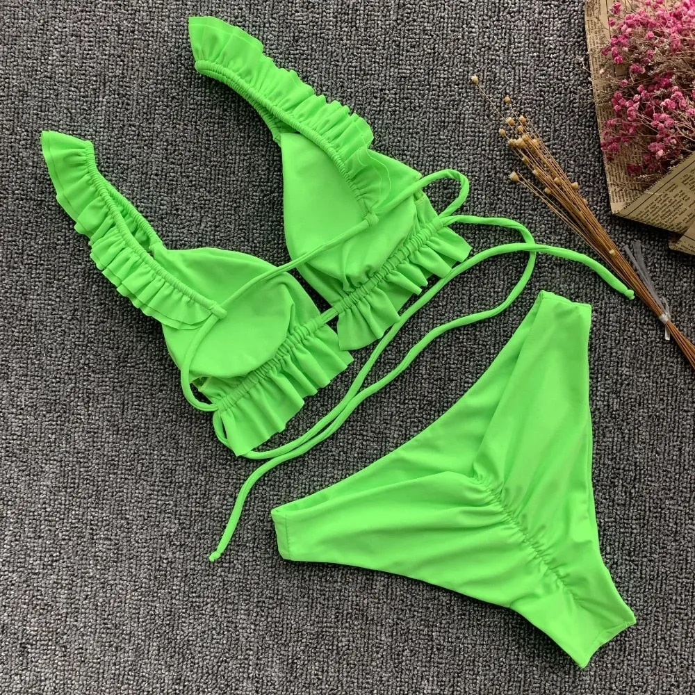 2 Piece Padded Push Up Strapless Ruffle Bra Low Waist Bikini Swimwear Set