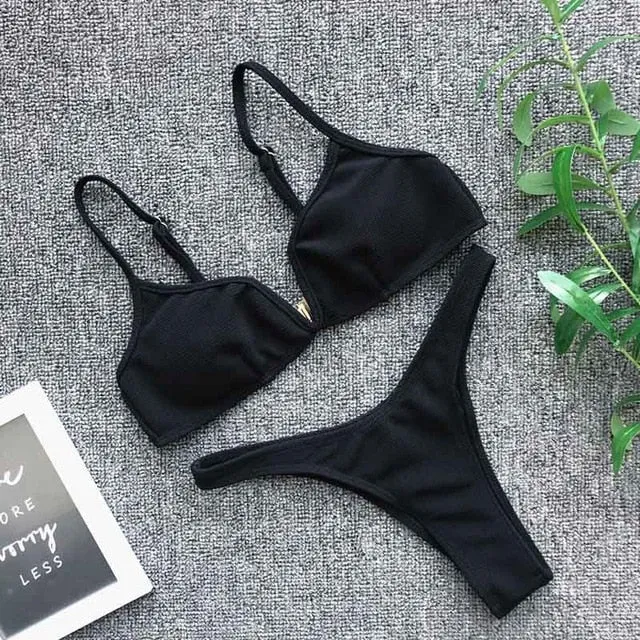 2 Piece Padded Push Up Strapless Ruffle Bra Low Waist Bikini Swimwear Set