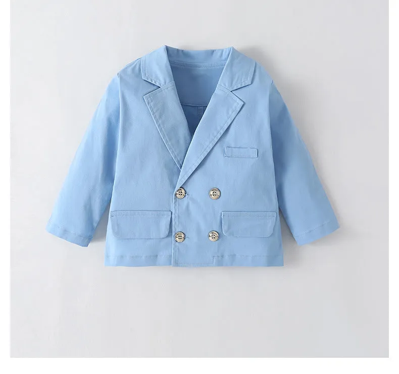2 Pieces Set Baby Boys Birthday Party Color-blocking Bow Jumpsuits And Solid Color Blazers Wholesale 220616119