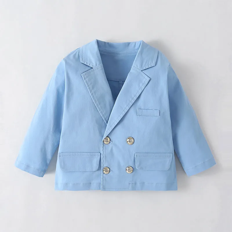 2 Pieces Set Baby Boys Birthday Party Color-blocking Bow Jumpsuits And Solid Color Blazers Wholesale 220616119
