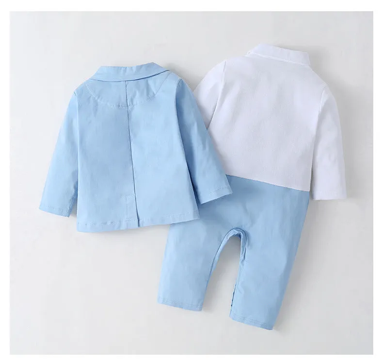 2 Pieces Set Baby Boys Birthday Party Color-blocking Bow Jumpsuits And Solid Color Blazers Wholesale 220616119