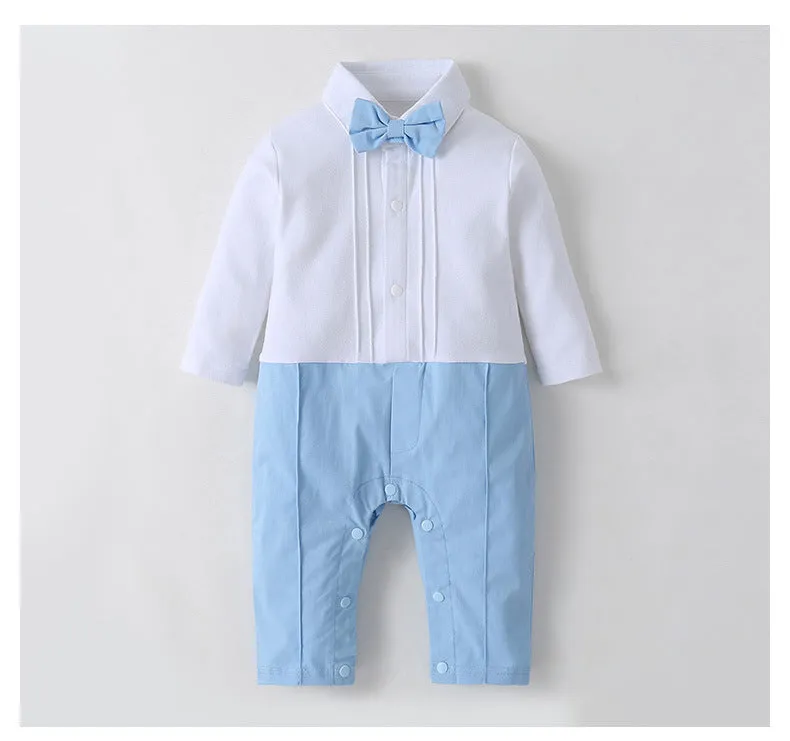 2 Pieces Set Baby Boys Birthday Party Color-blocking Bow Jumpsuits And Solid Color Blazers Wholesale 220616119