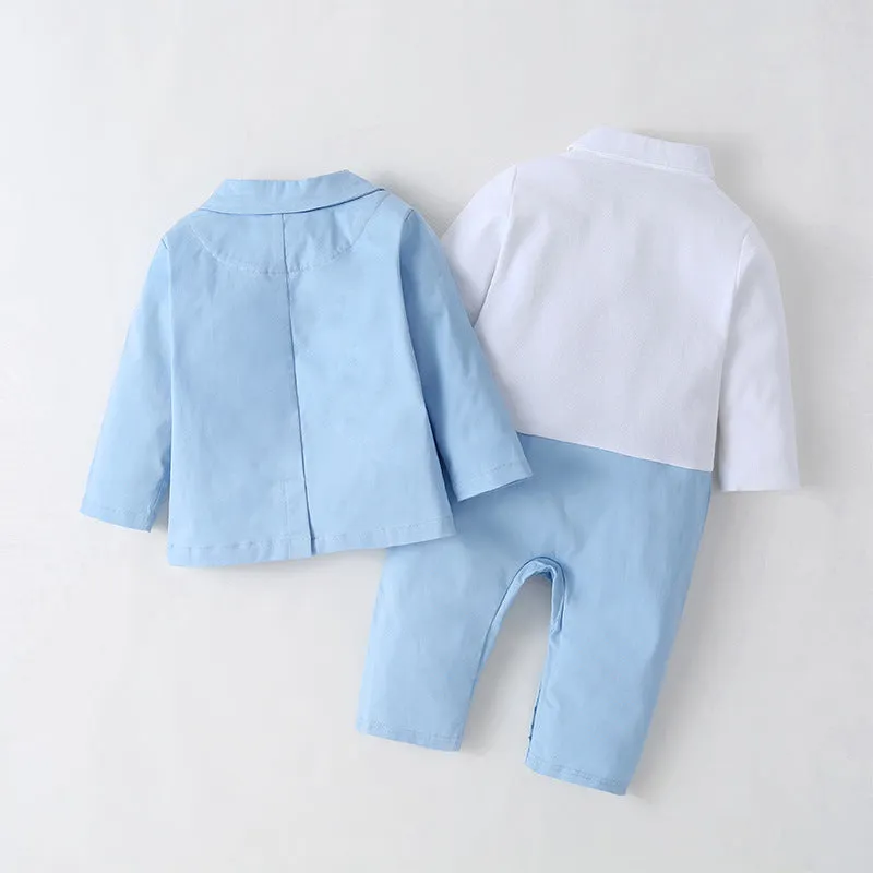 2 Pieces Set Baby Boys Birthday Party Color-blocking Bow Jumpsuits And Solid Color Blazers Wholesale 220616119