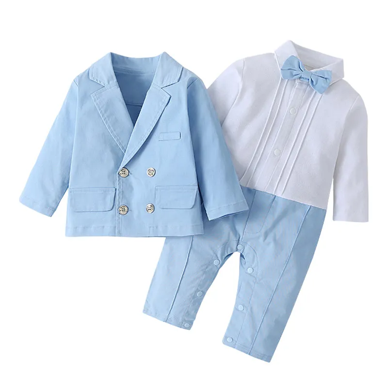 2 Pieces Set Baby Boys Birthday Party Color-blocking Bow Jumpsuits And Solid Color Blazers Wholesale 220616119
