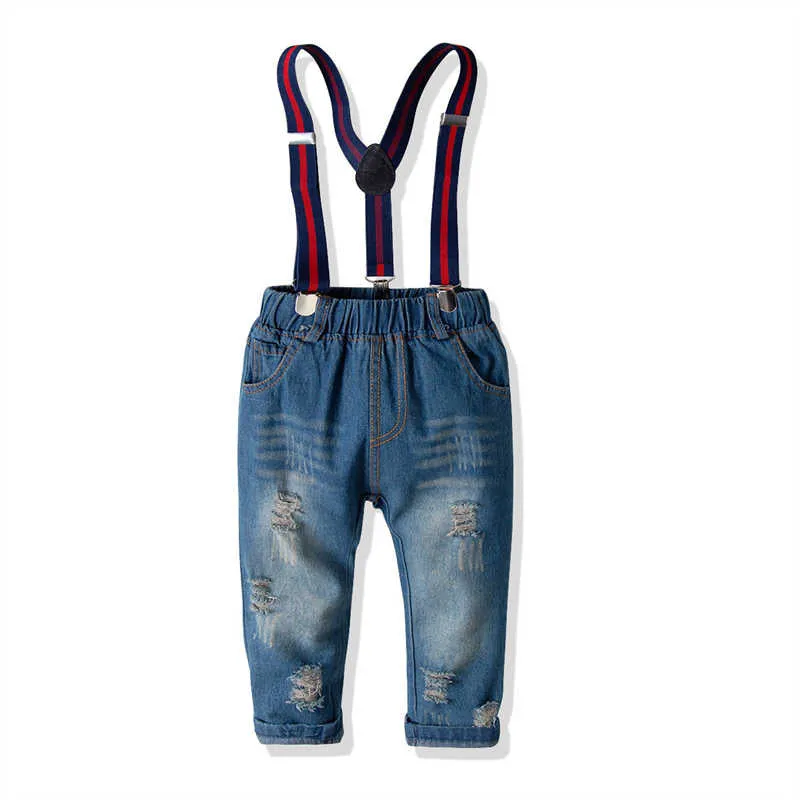 2 Pieces Set Baby Kid Boys Birthday Party Checked Bow Shirts And Ripped Jumpsuits Wholesale 211109494