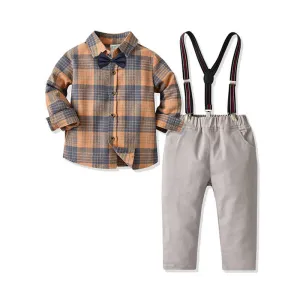 2 Pieces Set Baby Kid Boys Birthday Party Checked Bow Shirts And Solid Color Jumpsuits Wholesale 211109449