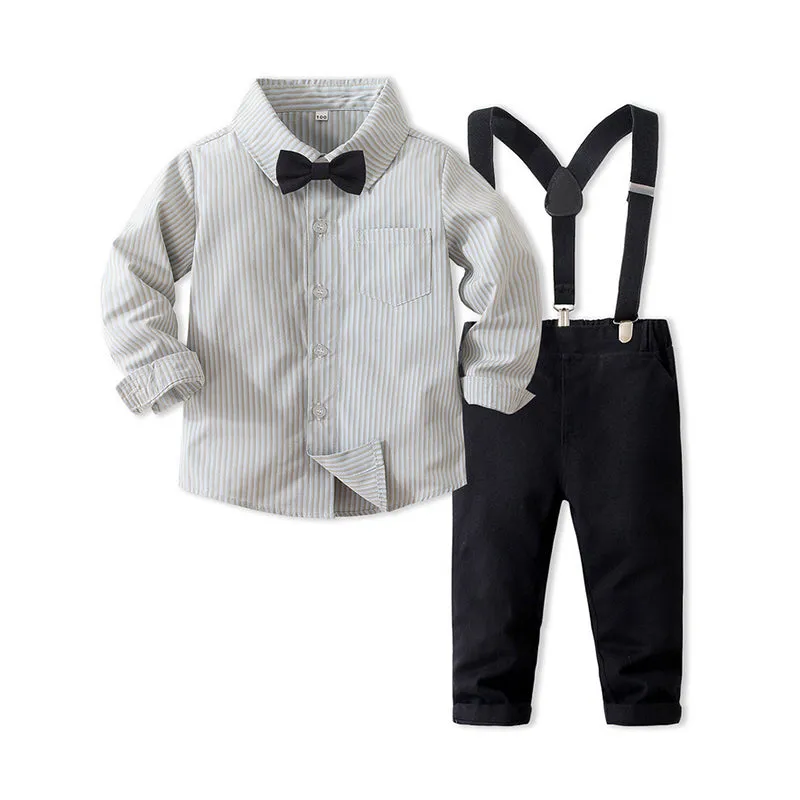 2 Pieces Set Baby Kid Boys Birthday Party Striped Bow Shirts And Solid Color Jumpsuits Wholesale 221216437