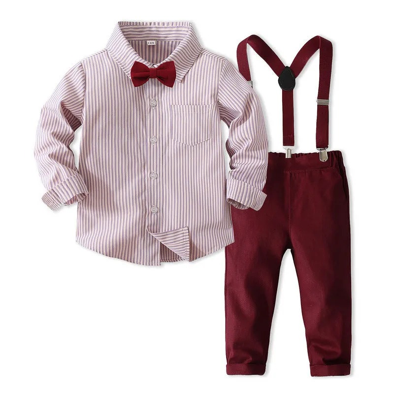 2 Pieces Set Baby Kid Boys Birthday Party Striped Bow Shirts And Solid Color Jumpsuits Wholesale 221216437