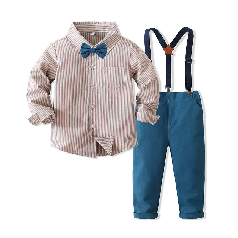 2 Pieces Set Baby Kid Boys Birthday Party Striped Bow Shirts And Solid Color Jumpsuits Wholesale 221216437