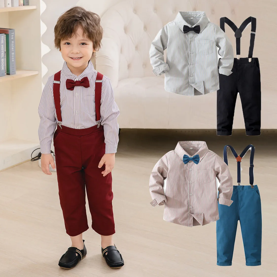 2 Pieces Set Baby Kid Boys Birthday Party Striped Bow Shirts And Solid Color Jumpsuits Wholesale 221216437