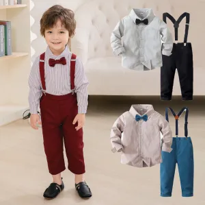 2 Pieces Set Baby Kid Boys Birthday Party Striped Bow Shirts And Solid Color Jumpsuits Wholesale 221216437