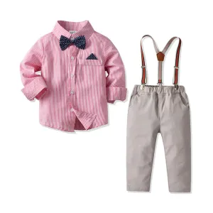 2 Pieces Set Baby Kid Boys Birthday Party Striped Polka dots Bow Shirts And Solid Color Jumpsuits Wholesale 21110934