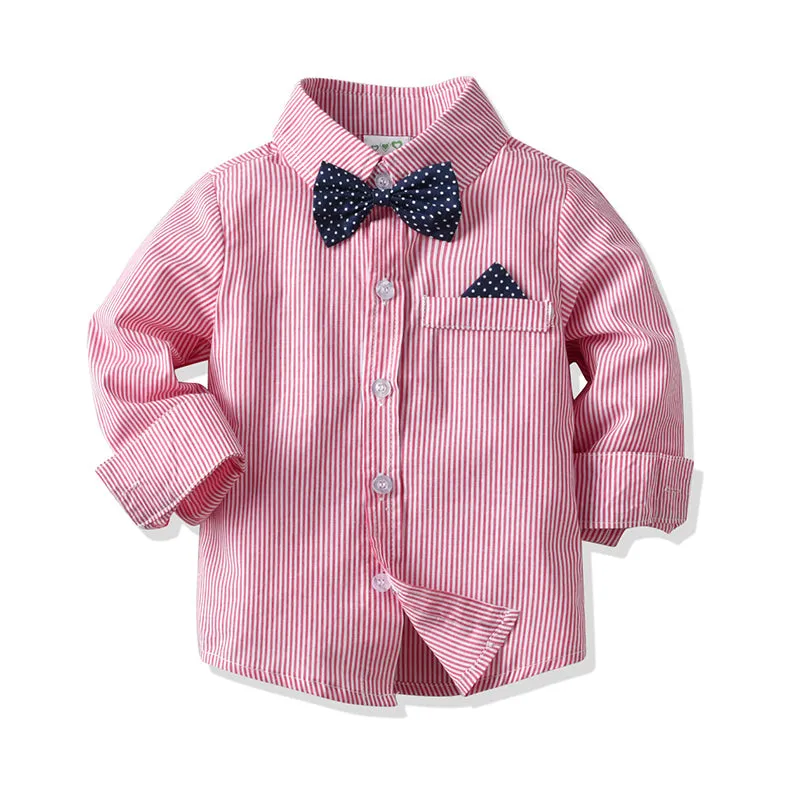 2 Pieces Set Baby Kid Boys Birthday Party Striped Polka dots Bow Shirts And Solid Color Jumpsuits Wholesale 21110934