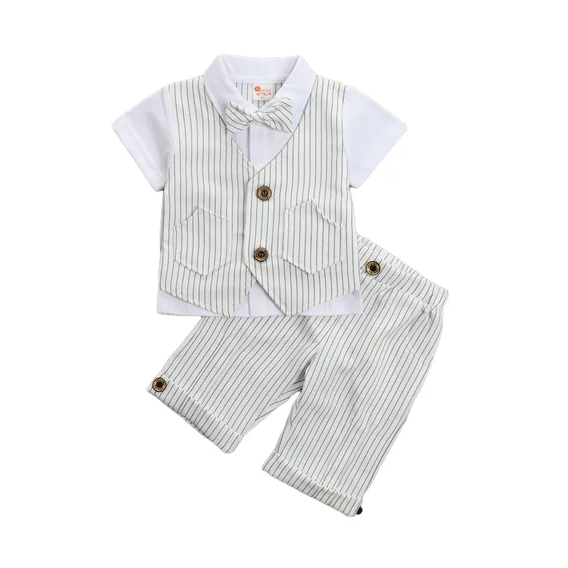 2 Pieces Set Baby Kid Boys Birthday Striped Color-blocking Bow Tops And Shorts Wholesale 22092014