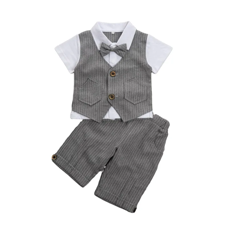 2 Pieces Set Baby Kid Boys Birthday Striped Color-blocking Bow Tops And Shorts Wholesale 22092014