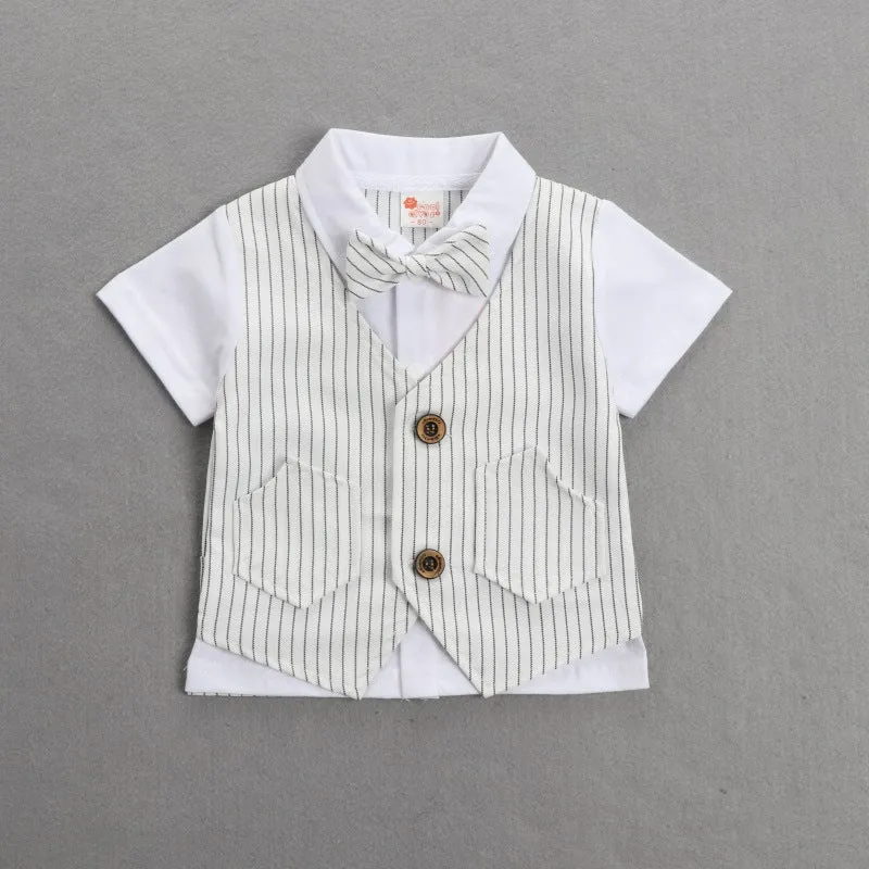 2 Pieces Set Baby Kid Boys Birthday Striped Color-blocking Bow Tops And Shorts Wholesale 22092014