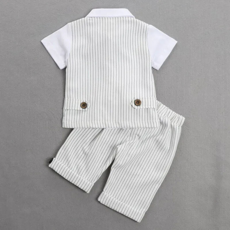 2 Pieces Set Baby Kid Boys Birthday Striped Color-blocking Bow Tops And Shorts Wholesale 22092014