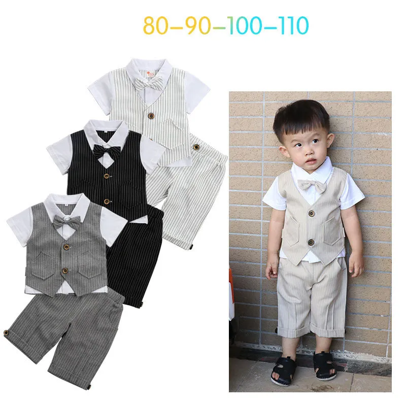 2 Pieces Set Baby Kid Boys Birthday Striped Color-blocking Bow Tops And Shorts Wholesale 22092014